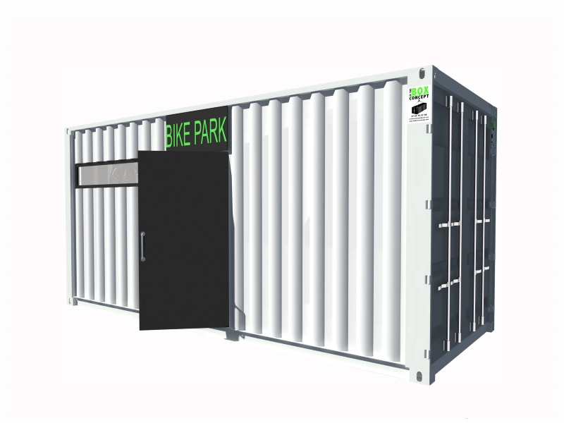Abri-velo-ferme-en-container-maritime-20-pieds-vue-droite.webp Abri vélo en container 20 pieds fermé 20 places – Image 1