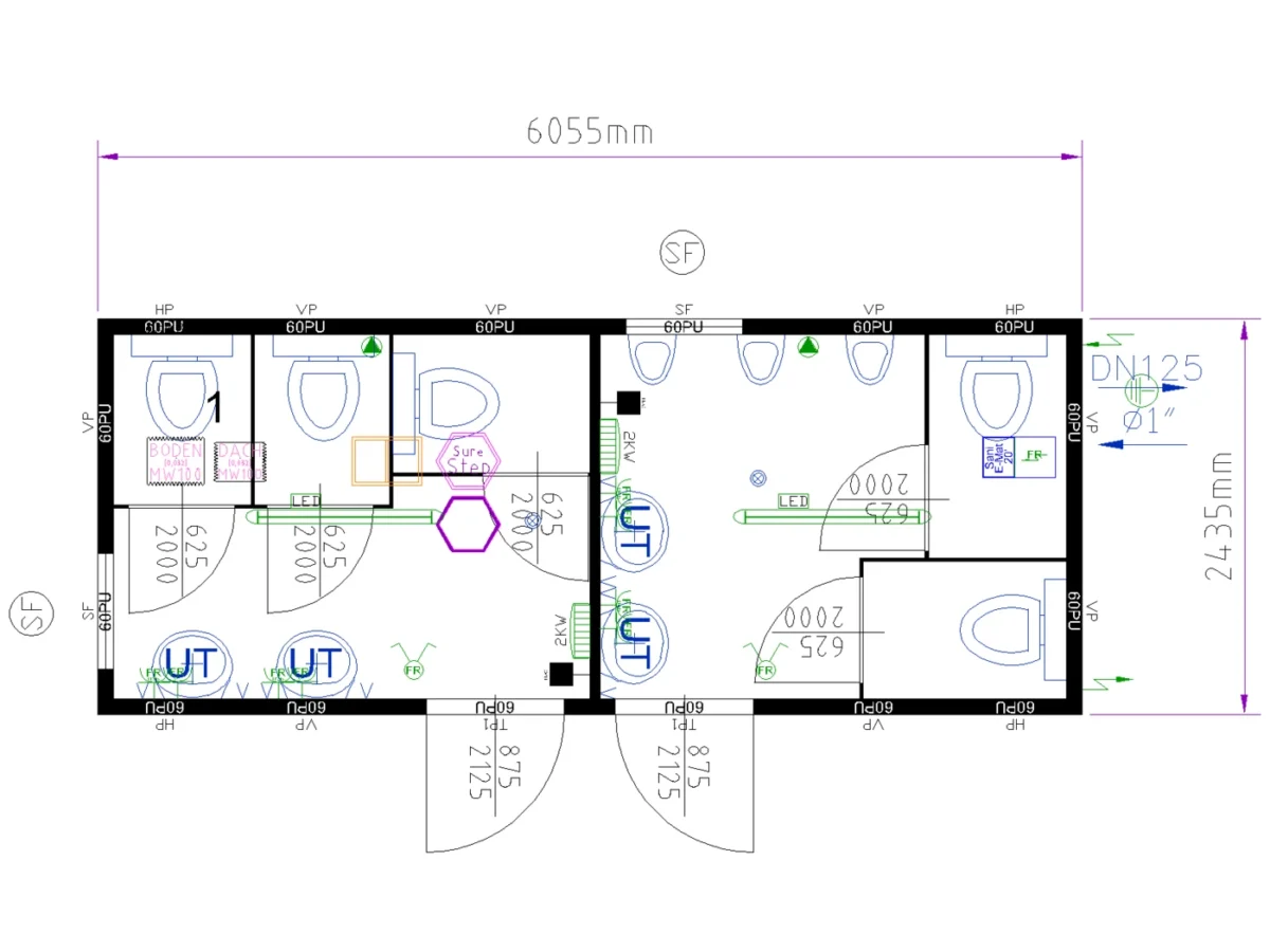 Bungalow sanitaire avec 5 WC H/F séparés 14,7 m² [20 pieds] – Image 3