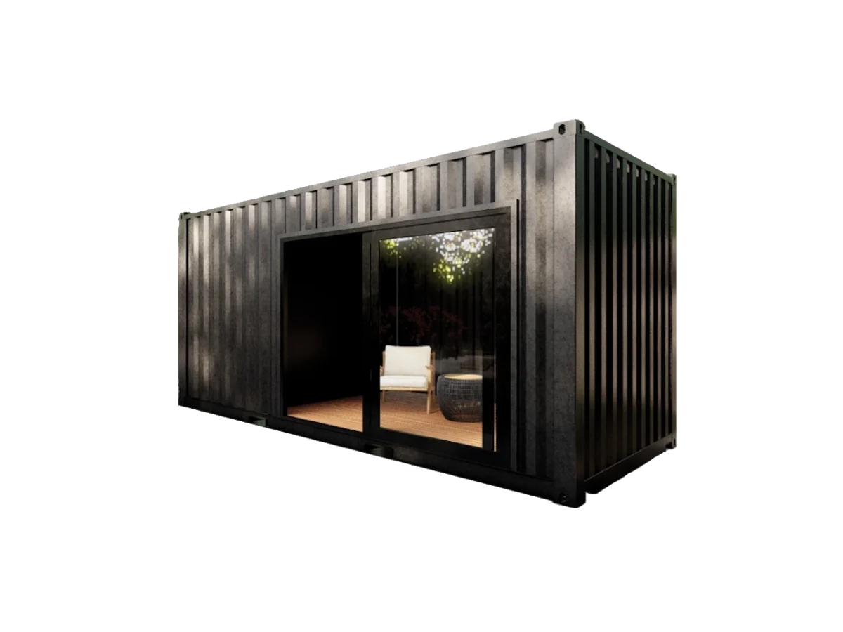 Pool house en container avec baie vitrée et local fermé – Image 1