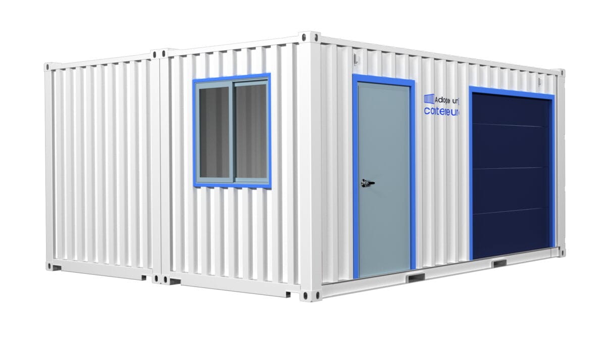 Garage préfabriqué en containers maritimes 28 m² avec porte sectionnelle, porte de service et fenêtre – Image 2