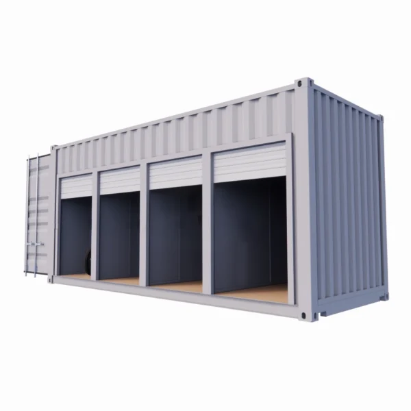 Garage 4 box 3,5 m² en container maritime – Portes rideaux enroulables ouverture manuelle