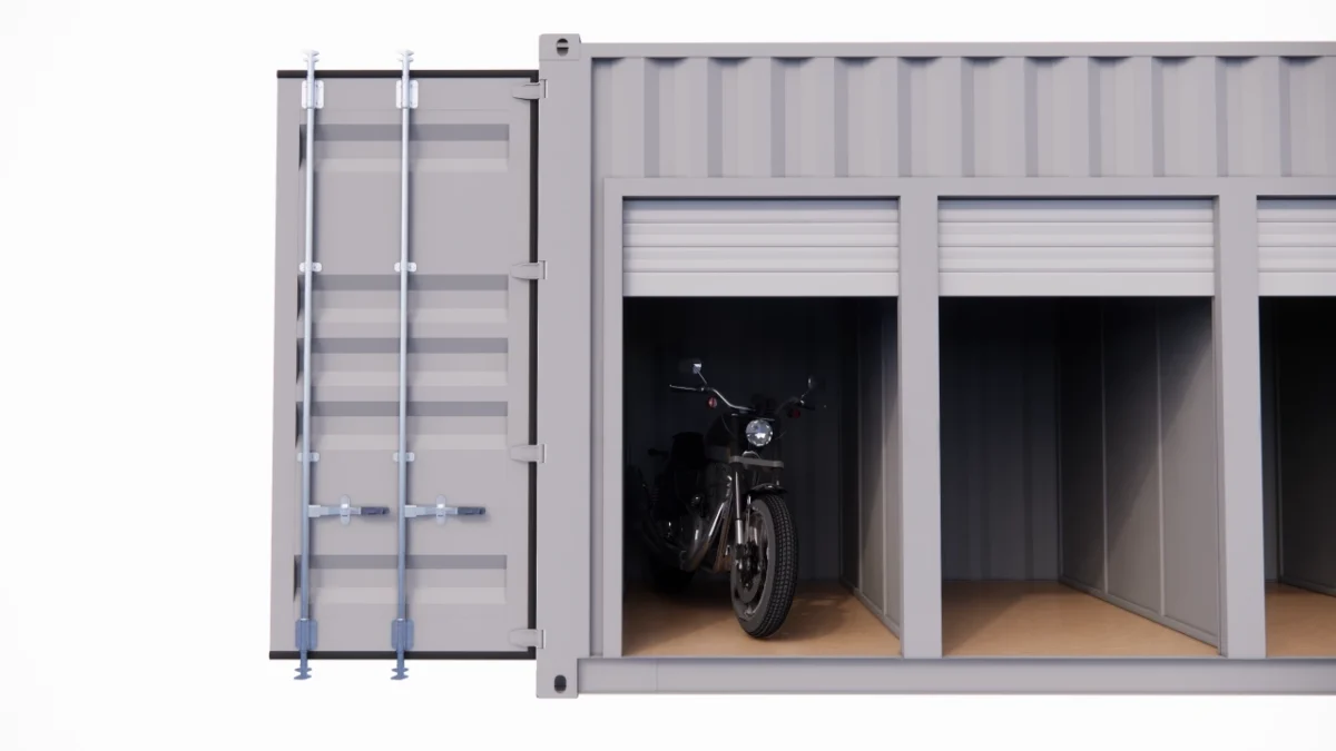 Garage 4 box 3,5 m² en container maritime – Portes rideaux enroulables ouverture manuelle – Image 3