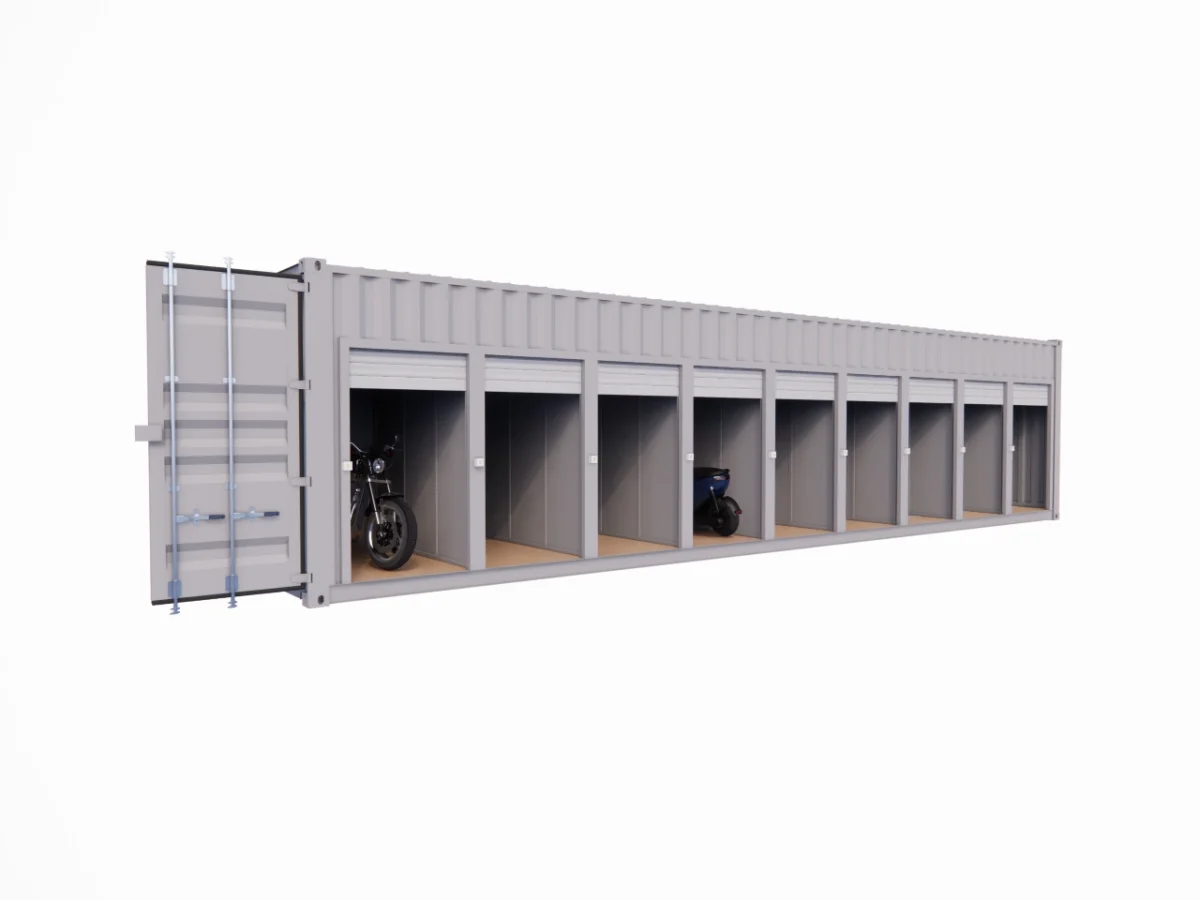Garage motos 9 places et 9 portes en container de 40 pieds – Image 1