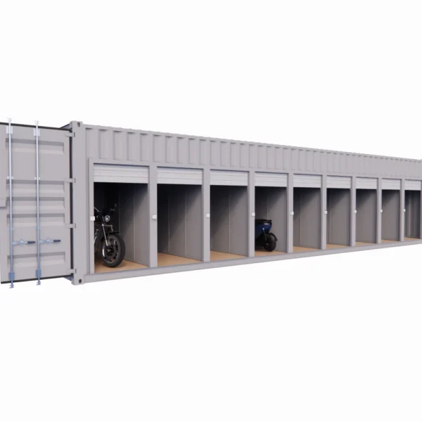 Garage motos 9 places et 9 portes en container de 40 pieds
